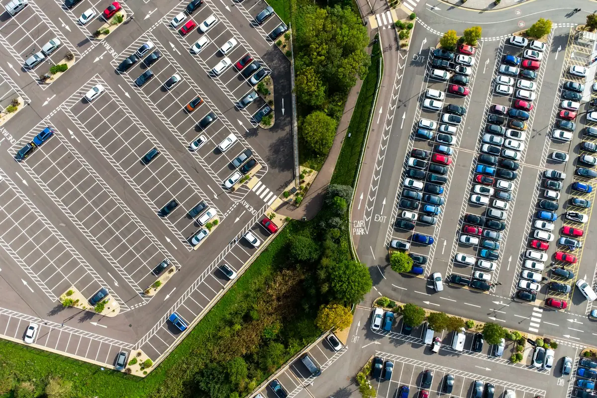 An aerial view of a car park